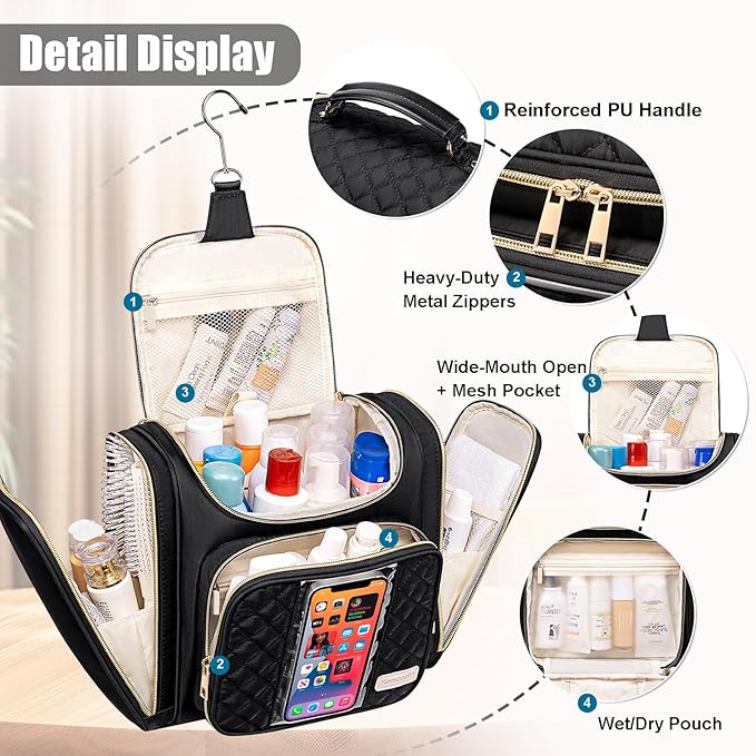 Travel Toiletry Bag for Women, Hanging Toiletry Bag, Bathroom Bag Portable Shower Caddy for College Dorm Travel Shower Bag for Women Water-Resistant Cosmetic Makeup Bag (Black)