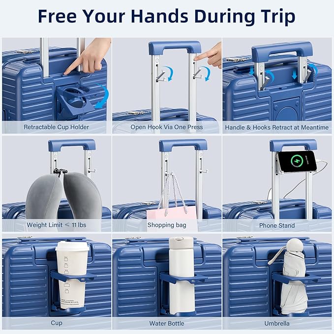 28 Inch Luggage Hard Shell Suitcases, Expandable Travel Checked Luggage 28 Inch, Large Check In Luggage with Spinner Wheels Cup Holder Charger Built in Lightweight Suitcase, Interstellar Blue
