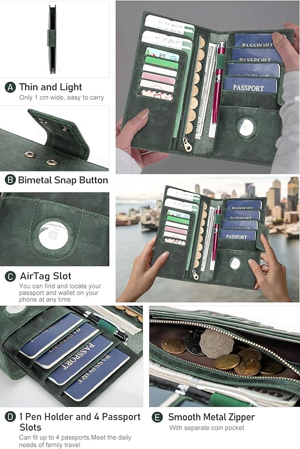 Top Grain Leather Travel Passport Wallet Holder for Man & Woman, Snap Button Design for 4 Passports & Multi Cards, RFID Blocking Large Capacity for Passports/Cards/Checks/Bills, Dark Green