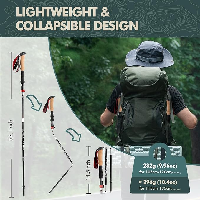 GPTCAMP Nordic Walking Stick, TPZ-1, 2pc Folding Collapsible Hiking Poles with Metal Quick Lock, Cork Handle, Lightweight 7075 Aluminum Trekking Poles for Seniors Women Men Hiking Gear