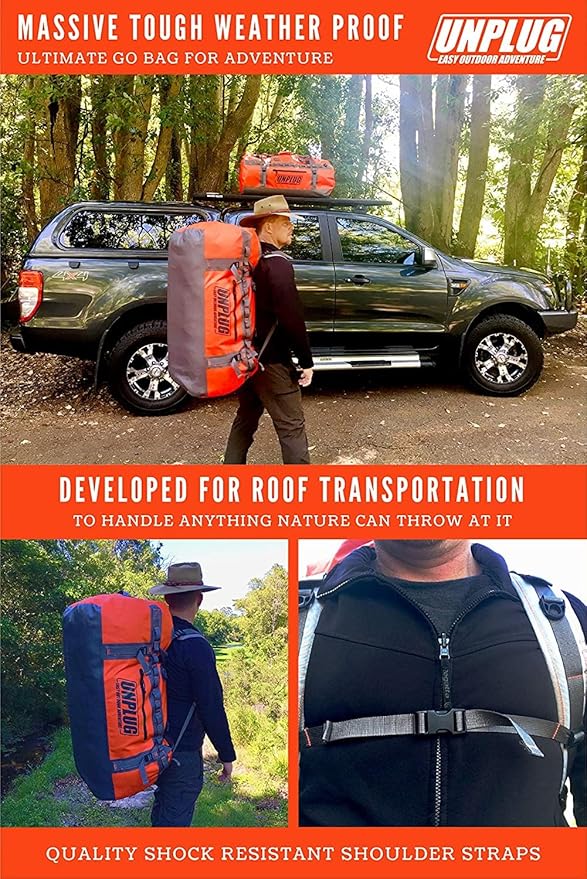 UNPLUG Ultimate Adventure Bag | 1680D Heavy Duty Waterproof Bag | Large Travel Duffle Bag which can be Used for Camping, Motorcycling, Boating, or Hunting (65L Adventure Orange)