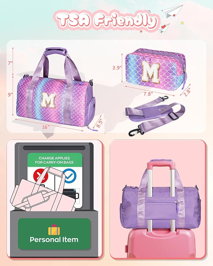 Travel Stuff for Kids-Girl Gym Bag with Shoe Compartment, Kid Weekender Dance Bags, Initial Travel Tote with Makeup Pouch, Gift for 3 4 5 6 7 8 9 10 11 12 Year Old Girls (Letter S)