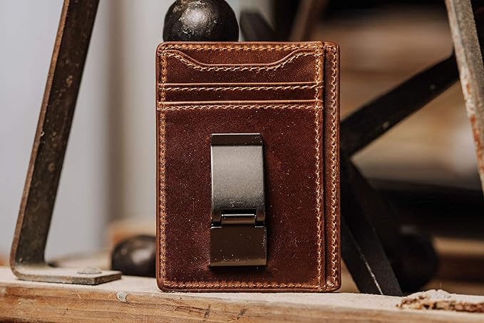 House of Jack Co. Flynn Hinged Money Clip Wallet for Men, Slim Front Pocket Card Holder, Full Grain Cowhide Leather Wallet, Brown
