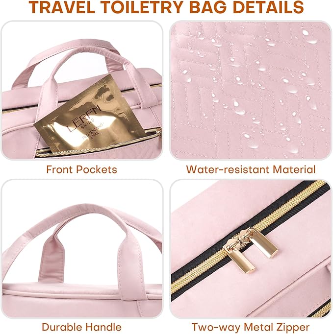 Hanging Toiletry Bag for Women Travel, 2 Sizes Large & Small Waterproof Cosmetic Organizer with 4 Compartments, Rotating Hook, Foldable Pink Travel Bag for Toiletries & Makeup - Large Pink