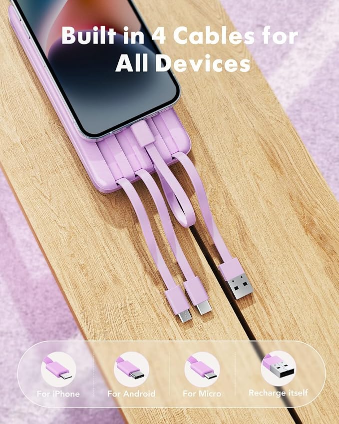 charmast Portable Charger with Built in Cables, Power Bank with Cords Wires, Slim 10000mAh Travel Battery Pack 6 Outputs 3 Inputs 3A Fast Charging for Samsung Google Pixel LG Moto iPhone iPad