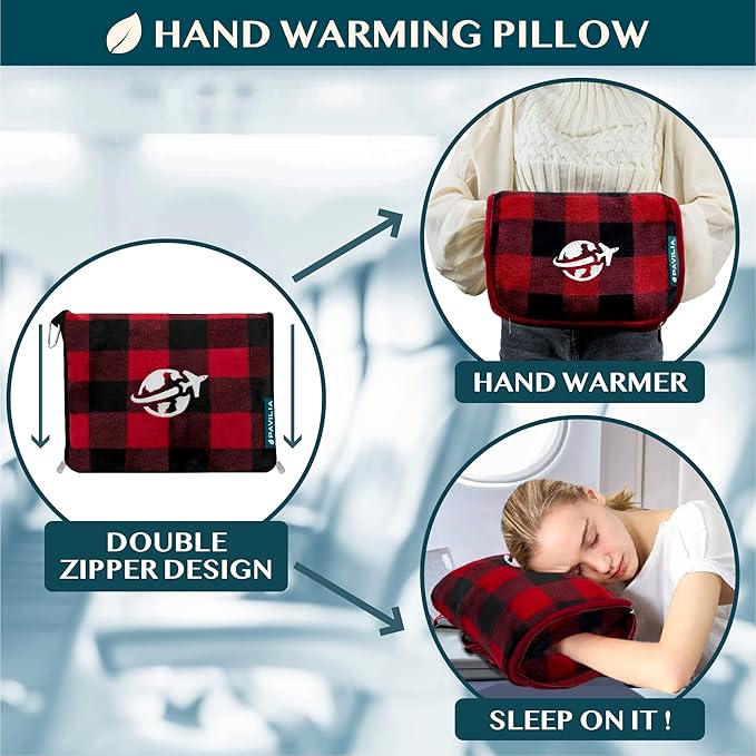 PAVILIA Travel Blanket and Pillow, Arms Opening Airplane Blankets for Adults, Compact Plane Blanket with Arm Hole 2-in-1 Bag for Flight Car Camping Luggage Backpack Traveler Gift, Checkered Red