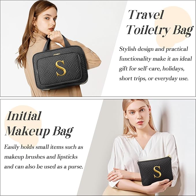 Gifts for Women, Initial Toiletry Makeup Bag Hanging Cosmetic Organizer with Embroidery Letter Personalized Nurse Teacher Appreciation Gift Birthday Christmas Gifts for Mom Sister Wife Friend Auntie