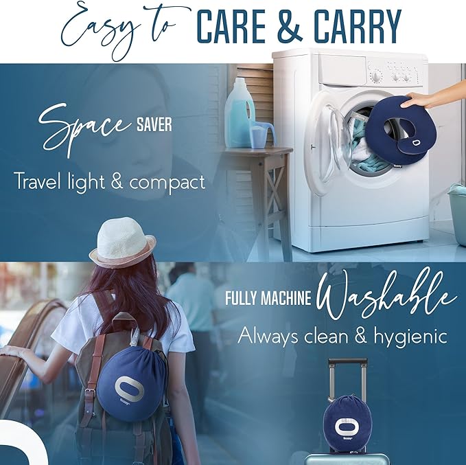 BCOZZY Travel Neck Pillow for Airplane– Patented Double Support for Head, Neck, and Chin. Best for Long Flights, Plane Sleeping, and Car Rides. Adjustable Size. Fully Washable. Carry Bag. Large, Nude