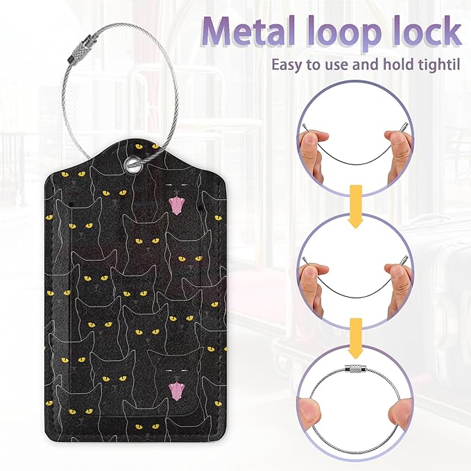 2Pcs Luggage Tag for Suitcase Black Cat Cute Suitcase Tag with Privacy Flap & Name ID Label & Metal Loop,Travel Bag Luggage Tags for Women