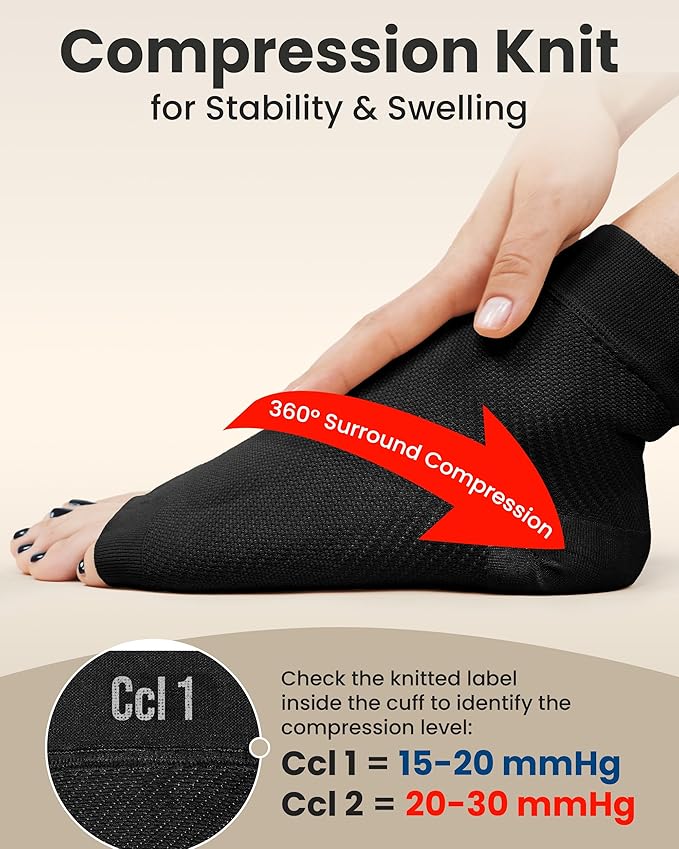 KEMFORD Ankle Compression Sleeve - Plantar Fasciitis Braces - Open Toe Compression Socks for Swelling, Sprain, Neuropathy, Foot Arch Support for Men and Women - 15-20mmhg, S, Black