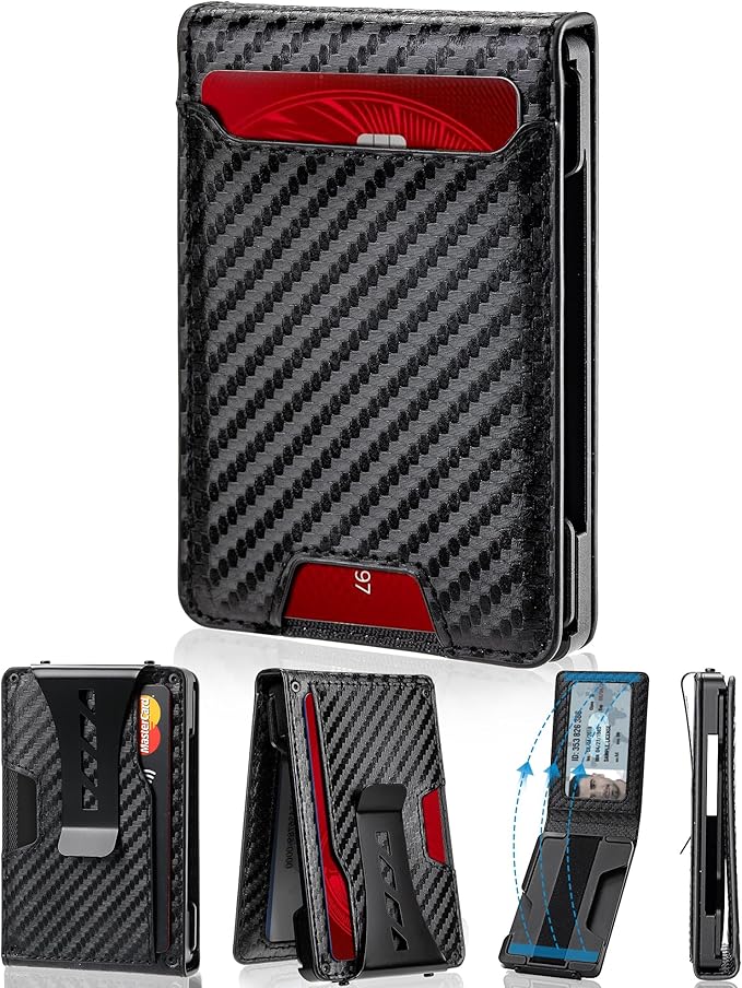 Wallet for Men Newly Upgraded Magnetic Minimalist Slim Men’s Wallet, RFID Blocking Mens Wallet with Money Clip & ID Window, Metal Compact Wallet with Nice Gift Box (Carbon Fiber)