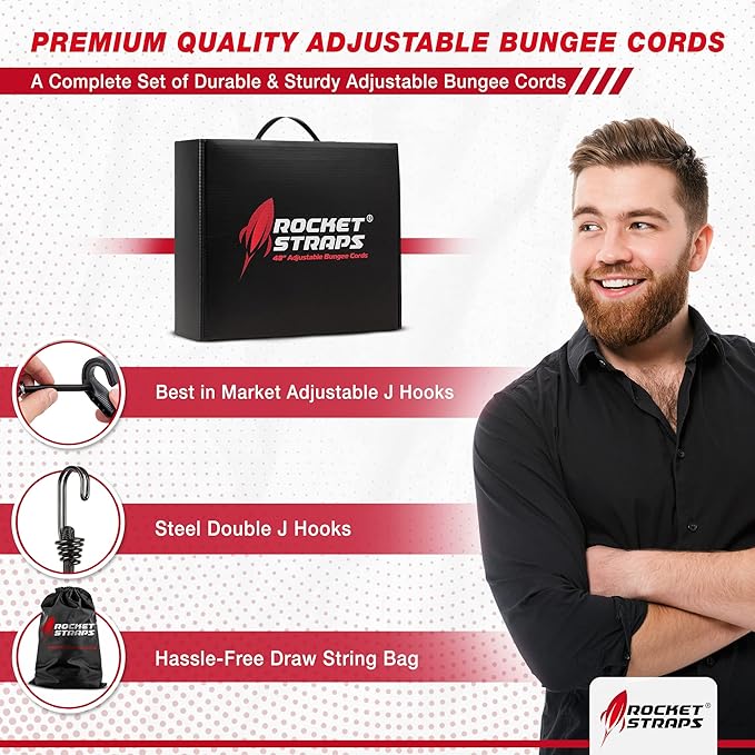 Rocket Straps - Ultimate Adjustable Outdoor Bungee Cord Assortment - Heavy Duty Set of 20 Bungee Cords (48") Double-J Hooks - Elastic Straps for Camping, Securing, and DIY Multipurpose