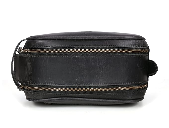 10" Premium Leather Toiletry Travel Pouch With Waterproof Lining Black Color | King-Size Handcrafted Vintage Dopp - Kit ~ Gift for Father's Day By Aaron Leather Goods