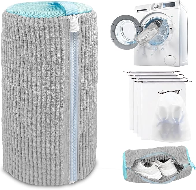 Shoe Washing Machine Bag,Laundry Shoe Bag for Washer and Dryer,Reusable Shoe Cleaning Bag for Sneakers,Tennis Shoes,With Self-locking Zipper, Microfiber Inside,Include Shoes Storage Bag (Grey(1PC))