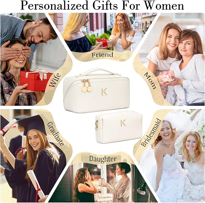 Birthday Gifts for Women Teen Girl, Personalized Initial Makeup Organizer Bag Set, Open Flat Travel Cosmetic Bag With Clear Divider and Handle(Beige,K)