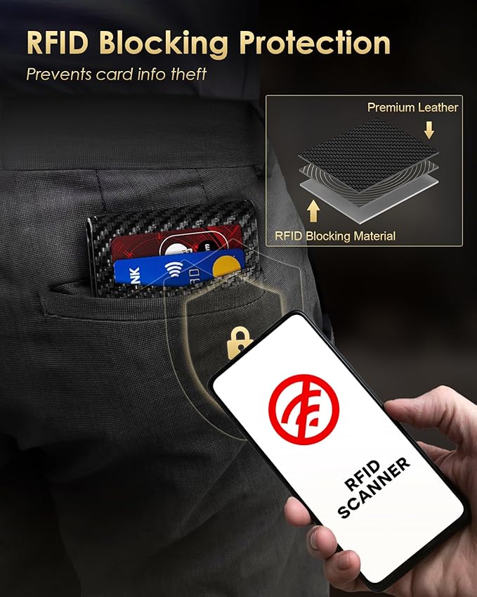 2025 Wallet for Men - RFID Blocking [Functional & Practical] Bifold Slim Minimalist Credit Card Holder Pop Up Wallet Metal Case with Cash Slot, Front Pocket with ID Window, Gift Boxed (Carbon Fiber)