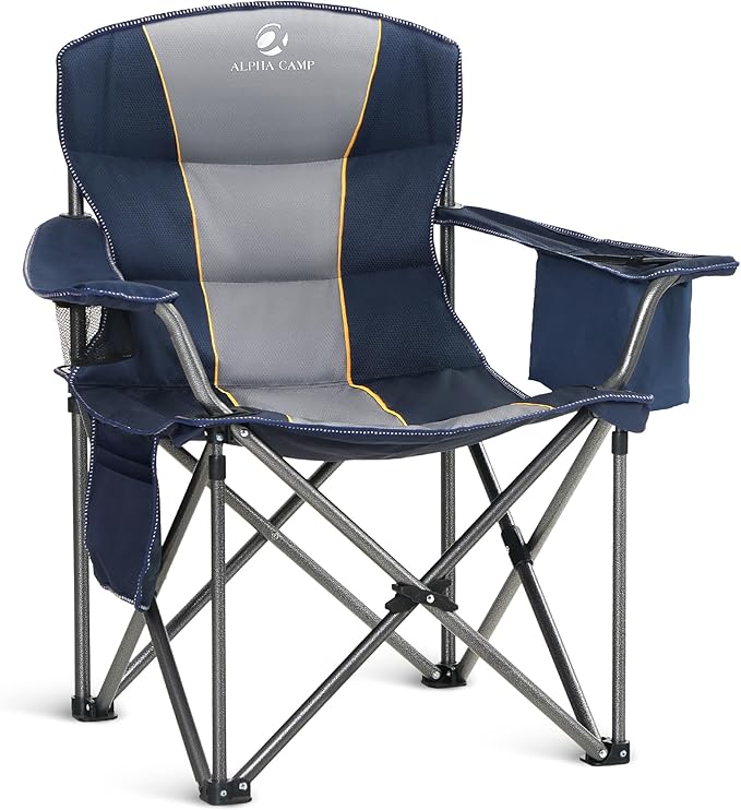 ALPHA CAMP Oversized Camping Chair Heavy Duty Lawn Chair with Cooler Bag Support 450 LBS Steel Frame Collapsible Padded Arm Quad Lumbar Back Folding Chair for Lawn Outdoor