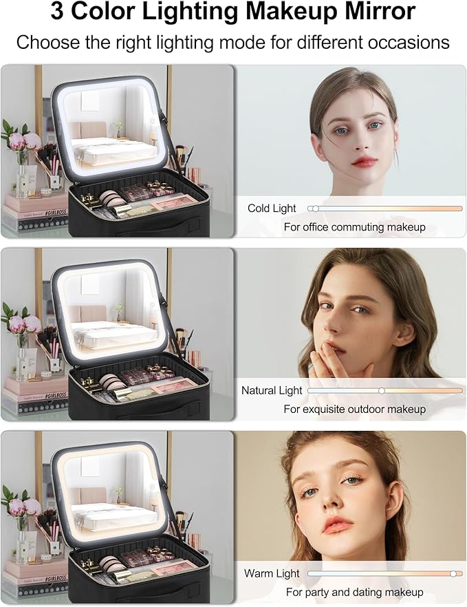 Chomeiu Makeup Bag with LED Mirror, Travel Makeup Case for Women and Makeup Artists Cosmetic Organizer Large Make Up Bags with Light Up Mirror, 3 Color Lights, Adjustable Dividers and Brush Holder