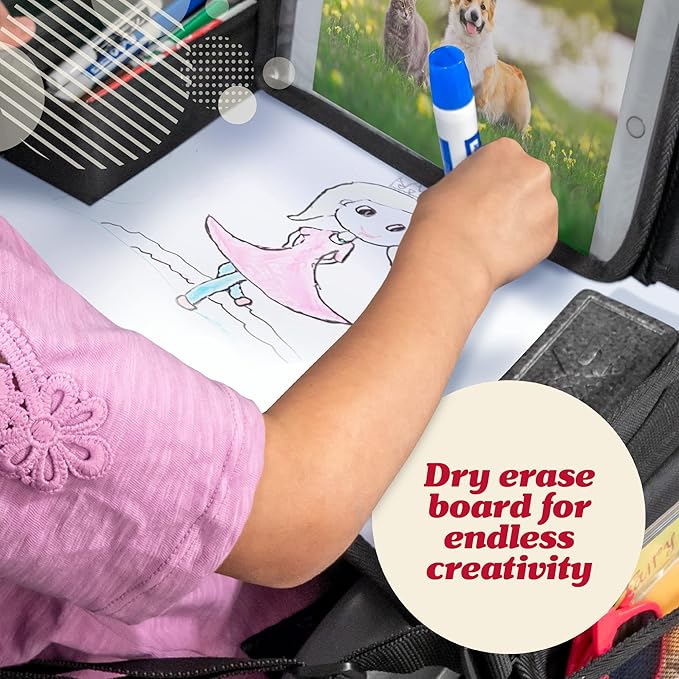 Lusso Gear Car Seat Tray - 1-Pack Black - 600D Oxford Lap Desk Organizer & Tablet Stand with Dry-Erase Surface, Snack & Cup Holder - Kids Travel Tray for Car Seat