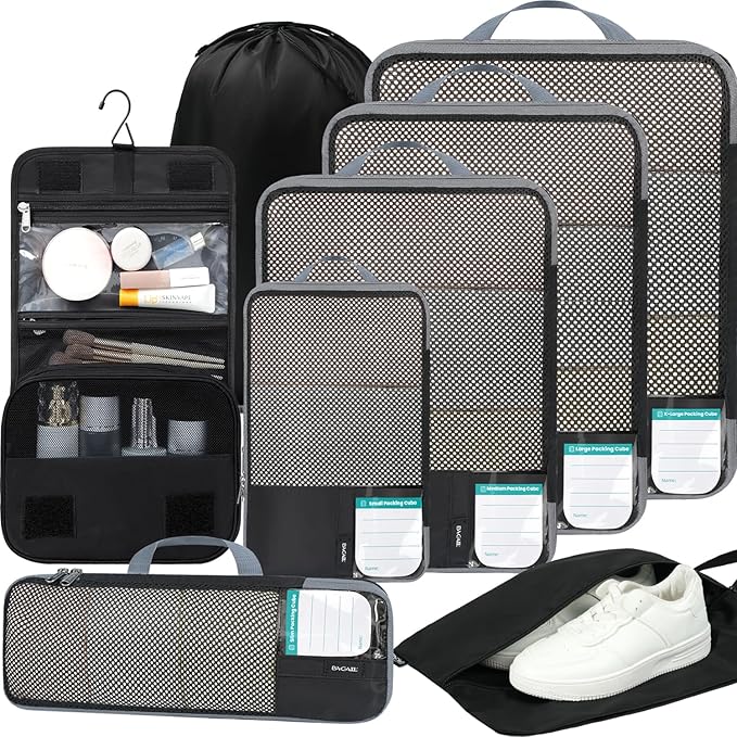 BAGAIL 4 Set/6 Set/8 Set Compression Packing Cubes Travel Accessories Expandable Packing Organizers (Half Mesh, 8-Jet Black)