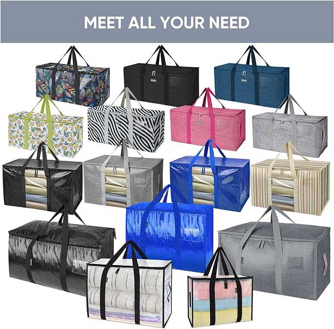 BALEINE 6-Pack Oversized Moving Bags with Reinforced Handles, Heavy-Duty Storage Tote for Clothes, Moving Supplies (Color Stripe with Window, 6-Pack)