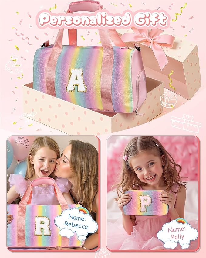 Gifts for Niece-Girl Gym Bag with Shoe Compartment, Kid Personalized Weekender Overnight Bags, Initial Travel Tote with Makeup Pouch, Birthday Gift for Sister Granddaughter (Letter J)