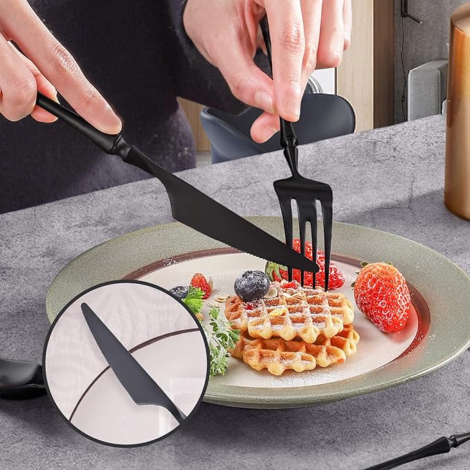 24-Piece Black Silverware Set for 6,Modern 18/10 Stainless Steel Flatware Set,Unique Rustic Cutlery Utensils Set,Spoon and Fork Set for Home, Restaurant,Wedding,Mirror Polished,Dishwasher Safe