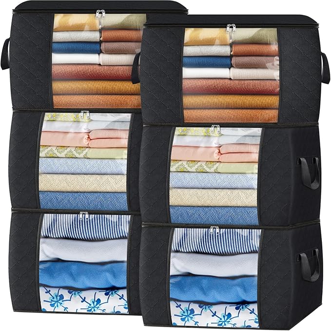 Fab totes 24 Gallons Clothes Storage, Foldable Thick Fabric Blanket Storage Bags, Containers for Organizing Bedroom, Closet, Clothing, Comforter, Organization with Handle (6 Pack,Black)
