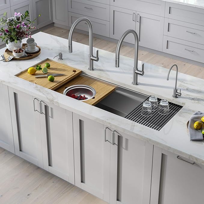KRAUS Kore 57-inch Undermount Workstation 16 Gauge Single Bowl Stainless Steel Kitchen Sink with 10 Accessories, KWU210-57