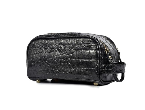 10" Premium Leather Toiletry Travel Pouch With Waterproof Lining | King-Size Handcrafted Vintage Dopp kit By Aaron Leather Goods (Grease Black)
