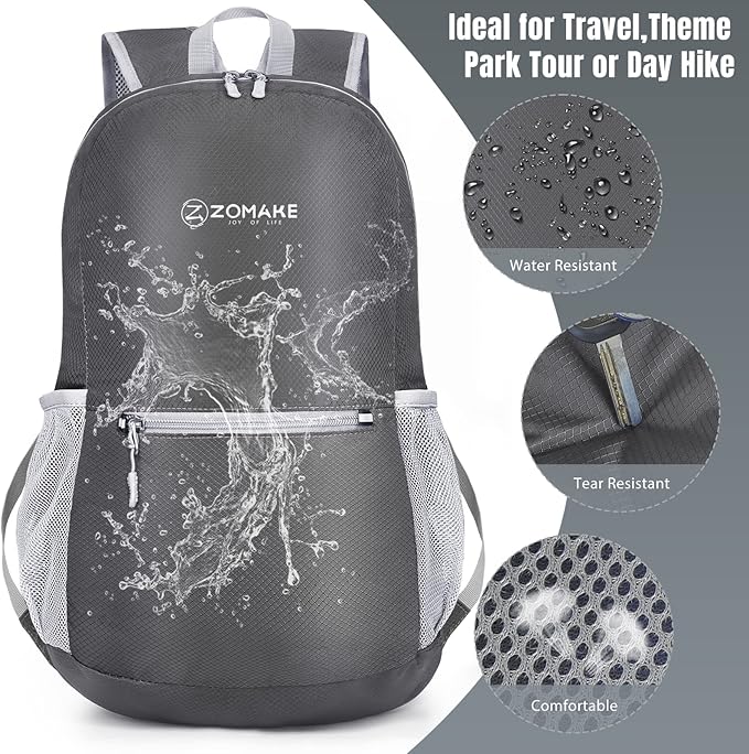 ZOMAKE Ultra Lightweight Hiking Backpack 20L, Packable Small Backpacks Water Resistant Daypack for Women Men(Medium Grey)