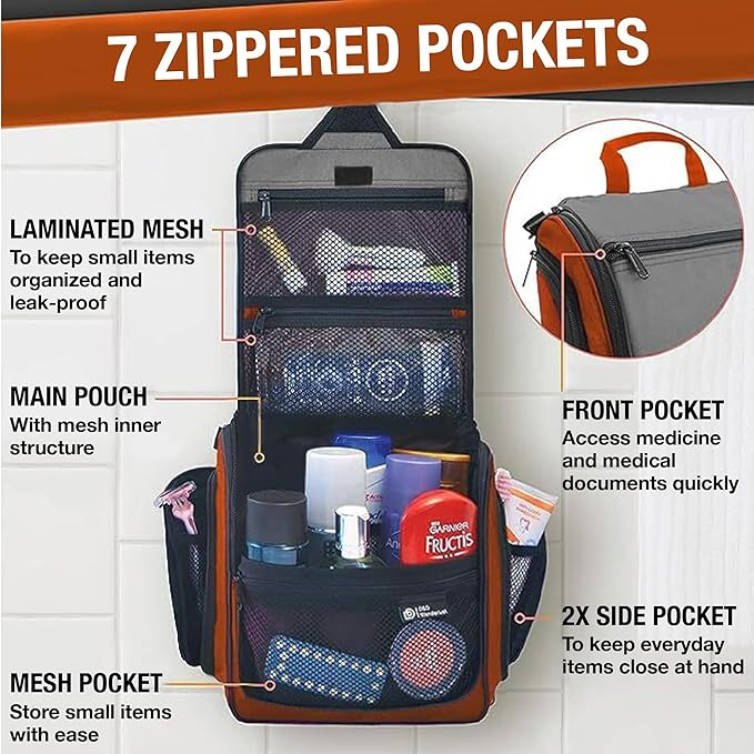 DD D&D Wanderlust D&D Hanging Travel Toiletry Bag for Men and Women – Cosmetics, Makeup and Toiletries Organizer Kit with 10 Compartments, YKK Zippers, XXL Metal Swivel Hook, Water-Resistant Nylon