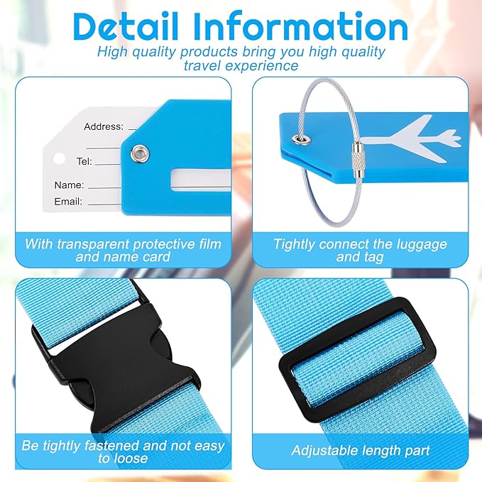 Weewooday 8 Pcs Luggage Straps Suitcase Tags Set for TSA Approved, 4 Travel Adjustable Suitcase Belt, 4 Silicone Luggage Tags with Name ID Card Travel Accessories(Blue,Airplane)