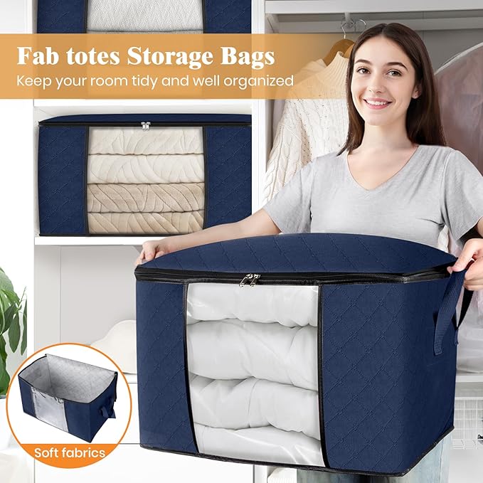 Fab totes 24 Gallons Clothes Storage, Foldable Thick Fabric Blanket Storage Bags, Containers for Organizing Bedroom, Closet, Clothing, Comforter, Organization with Handle (10 Pack,Blue)