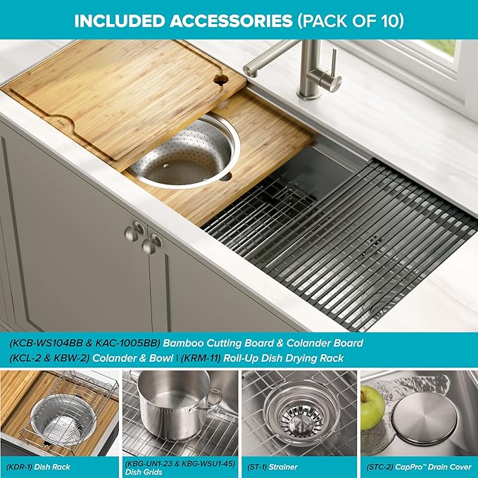 KRAUS Kore Workstation 45-inch Undermount 16 Gauge Stainless Steel Kitchen Sink, Single Bowl Kitchen Sink with Accessories, KWU120-45