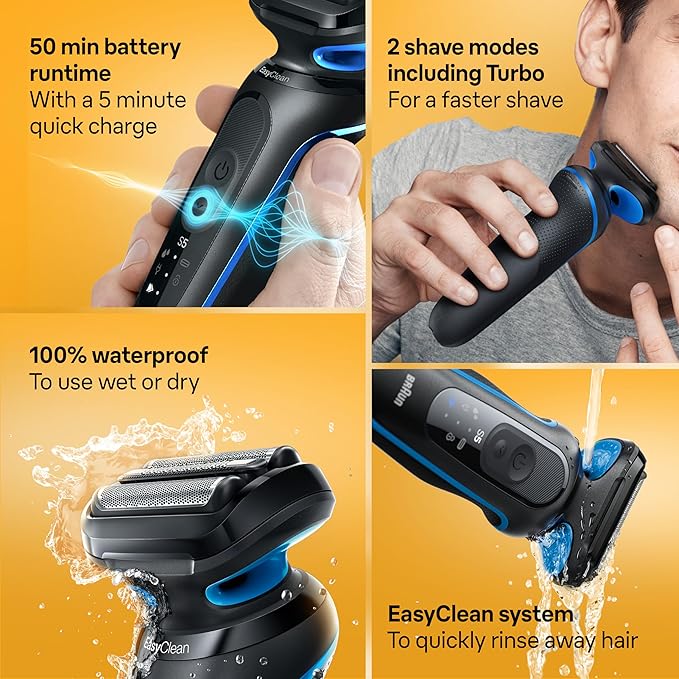 Braun Electric Shaver for Men, Series 5 5150cs, Wet & Dry Shave, Turbo Shaving Mode, Foil Shaver, with Beard Trimmer, Body Groomer and Charging Stand, Blue