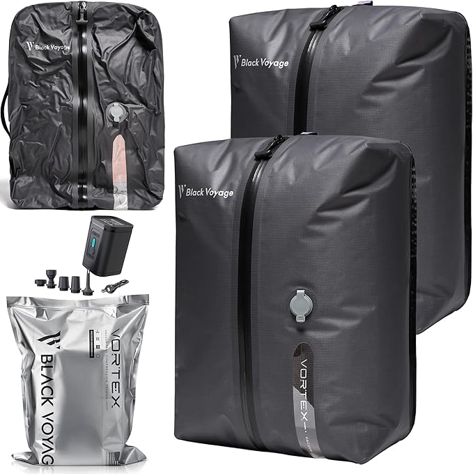 Black Voyage Reusable Vacuum Compression Travel Bag for Carry-On Suitcase and Backpack, Recycled IP67 Waterproof Space Saver Vacpack (2-Pack, 18L - Pump Included)