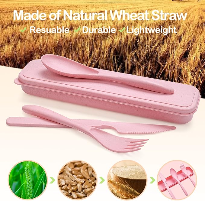 Reusable Travel Utensils Set with Case, 10 Sets Wheat Straw Portable Knife Fork Spoons Cutlery, Eco-Friendly BPA Free Plastic Tableware for Kids Adults Travel Picnic Camping Silverware