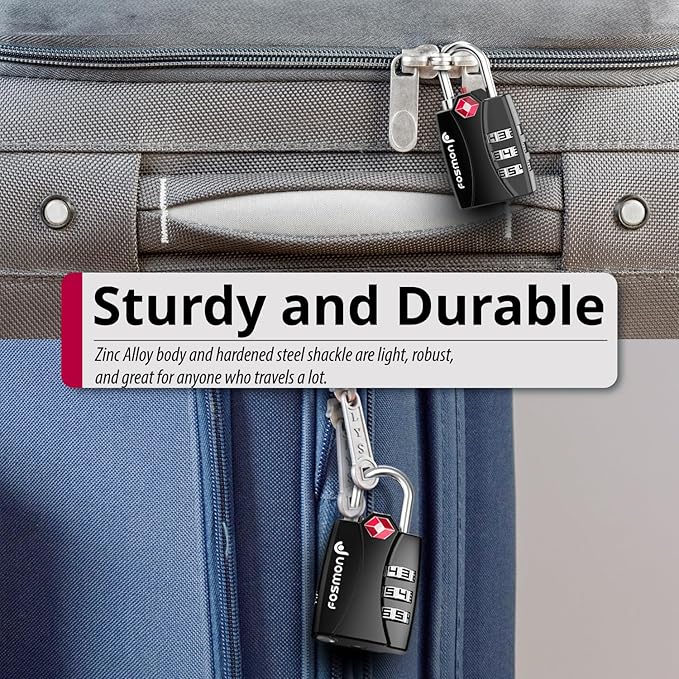 Fosmon TSA Approved Locks for Luggage. Suitcase Locks with Open Alert Indicator, 3 Digit Combination Padlock with Alloy Body for Travel, Backpack Zipper Anti Theft, Locker, Gym, Gun Case, Tent- 3 Pack