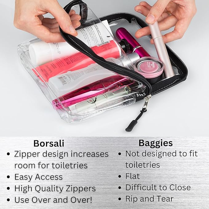 BORSALI TSA-Approved Quart-Sized Bag for Carry-On Travel - One (1) Quart Clear Toiletries, Cosmetic and 3-1-1 Liquids Toiletry Bag - Black With Handle