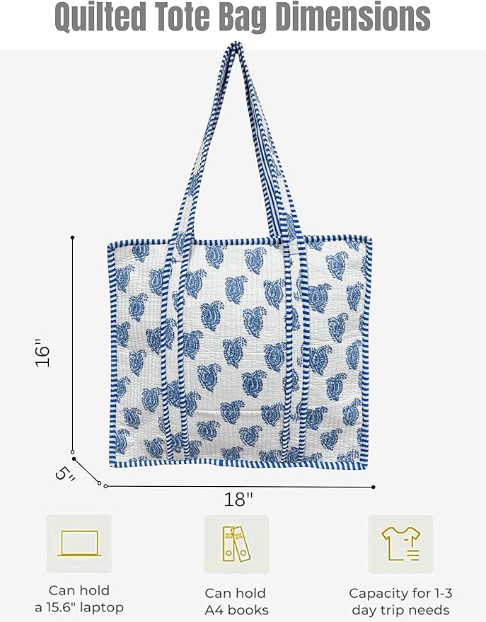 Cotton Quilted Tote Bag for Women – Large Beach & Travel Tote with Zipper, Reusable Grocery Bag