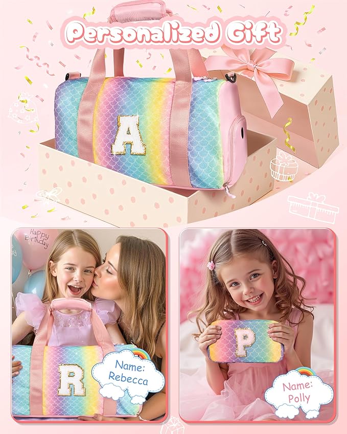 Cute Preppy Gifts for Girls-Girl Gym Bag with Shoe Compartment, Kid Personalized Weekender Overnight Bags, Initial Travel Tote with Makeup Pouch, Daughter In Law Gift (Letter D)