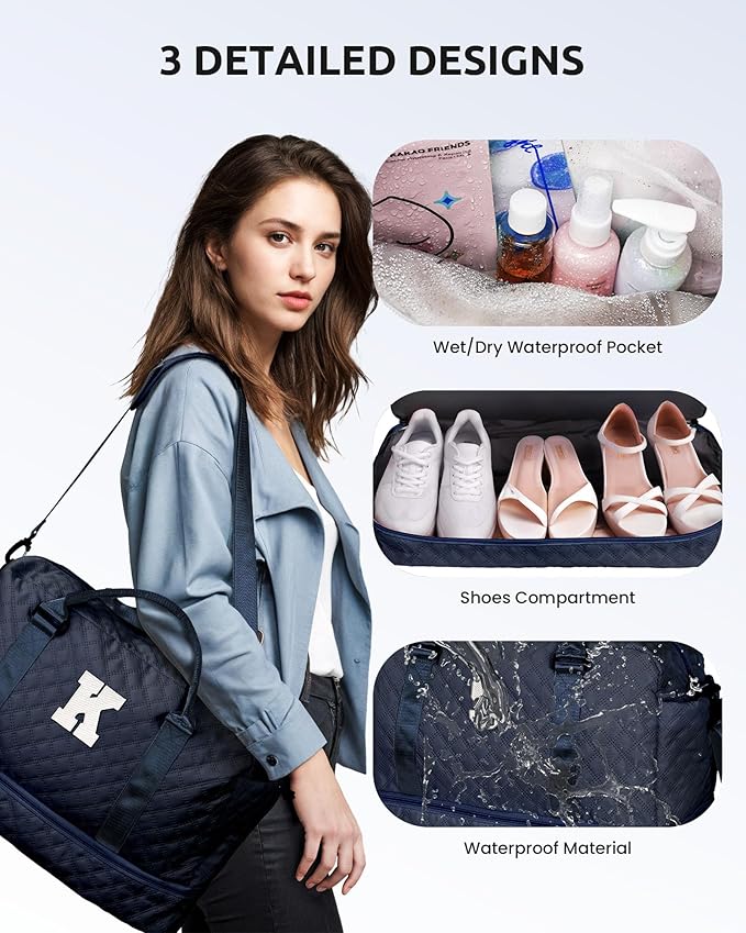 Gifts for 7 8 9 10 11 12 13 14 15 16 Year Old Girls-Initial Duffle Bag with Shoe Compartment, Personalized Weekender Bag, Overnight Bags for Women, Travel Bag with Makeup Bag (Letter J)