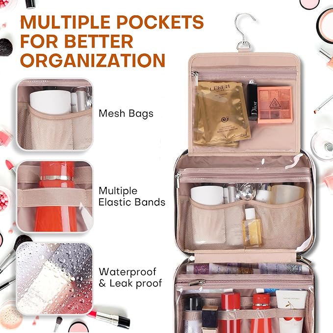 Hanging Toiletry Bag for Women Travel, 2 Sizes Large & Small Waterproof Cosmetic Organizer with 4 Compartments, Rotating Hook, Foldable Pink Travel Bag for Toiletries & Makeup - Large Pink