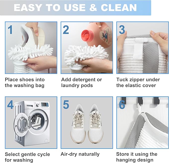 Shoe Washing Machine Bag – 360° Deep Clean Sneaker Laundry Bag with Cleaning Fibers and Zipper, Reusable Shoe Bag for Washing Machine, 2 Pack