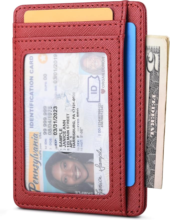 Buffway Slim Minimalist Front Pocket RFID Blocking Leather Wallets for Men and Women - Cross Red