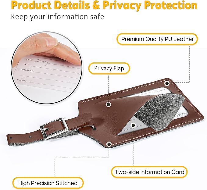Travelambo Luggage Tags for Suitcases PU Leather Travel Tags Bag Tags Privacy Protection Travel Essentials