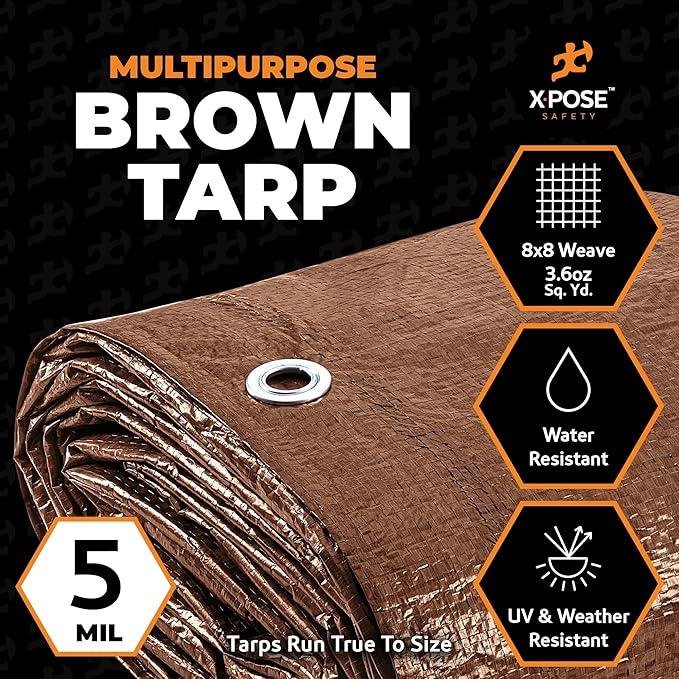 Multipurpose Protective Cover Brown Poly Tarp 12' x 20' - Durable, Water Resistant, Weather Resistant - 5 Mil Thick Polyethylene - by Xpose Safety