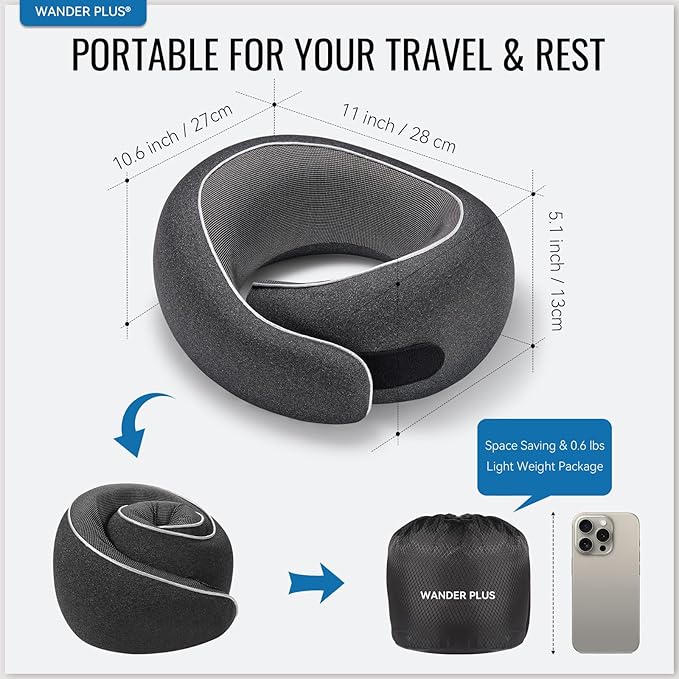 WANDER PLUS® Travel Neck Pillow, Pure Memory Foam Neck Pillow for Airplanes, Comfortable Breathable Cover, 360 Degree Support Ergonomic Design Best for Sleeping Plane Train Travel Essentials Max Black