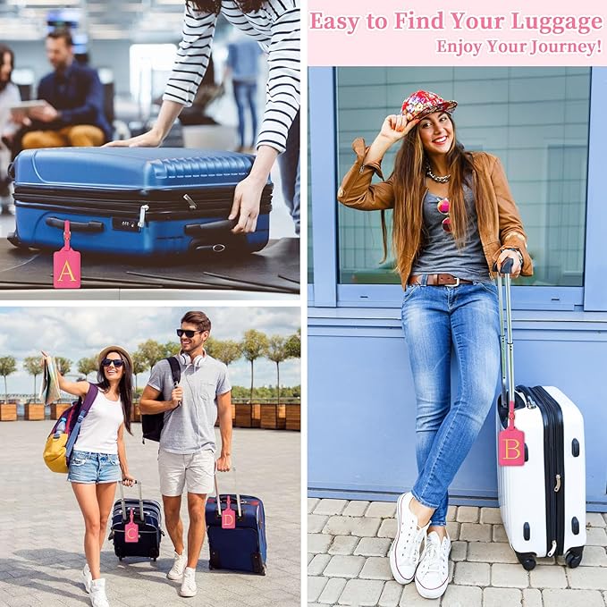 Personalized Initial Luggage Tags for Suitcase, Rose Red Leather Cute Luggage Tags with Privacy Cover Name Card, Embroidered Custom Monogram Luggage Tags Travel Backpack Tag Gifts for Women Kids(I)